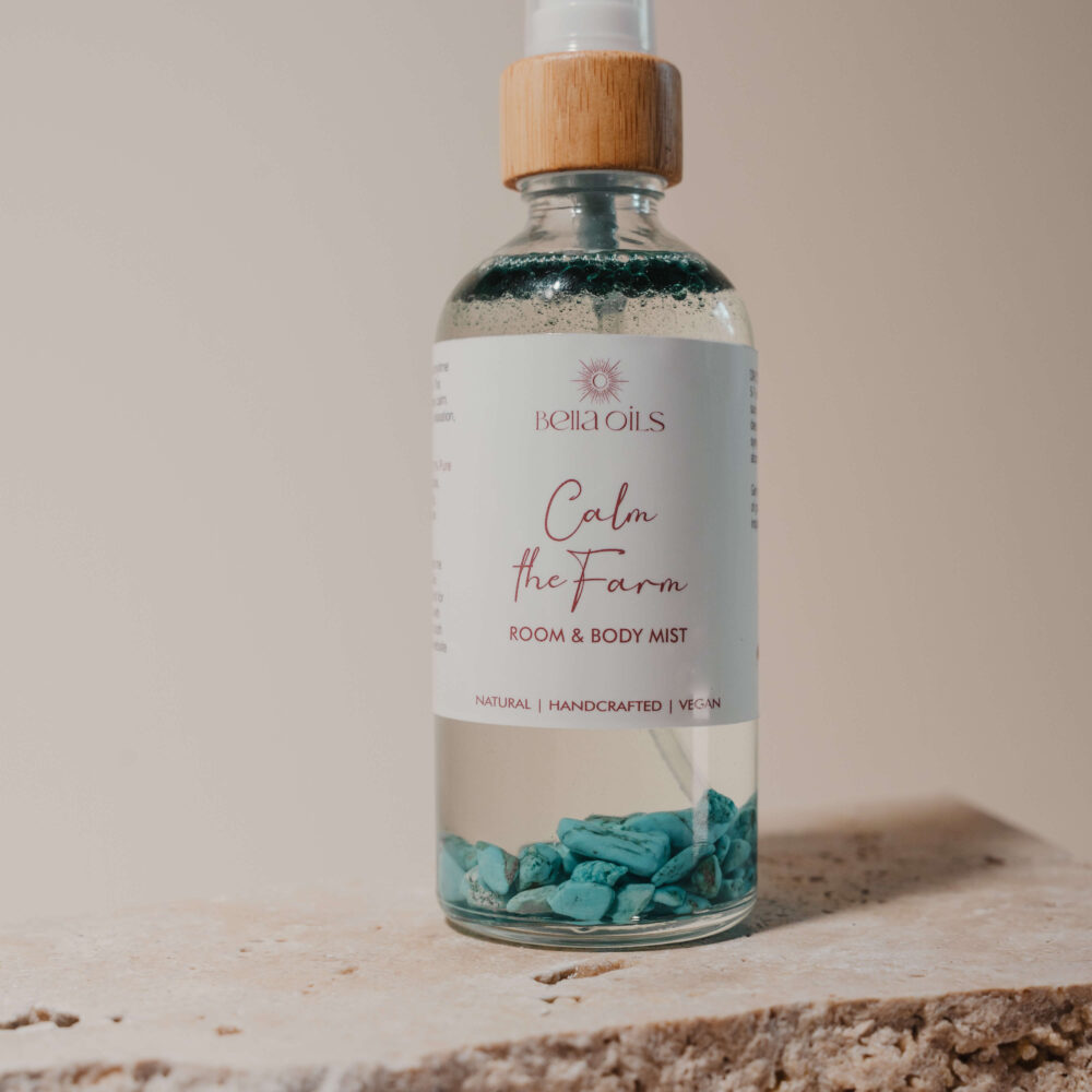 Bella Oils Calm the Farm calming essential oil spray handmade in Australia with pure essential oils for relaxation, grounding and everyday calm.