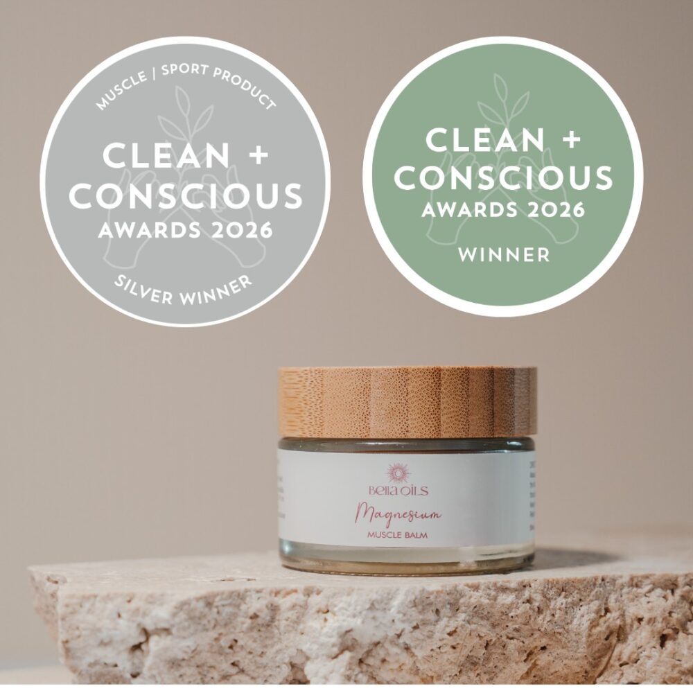 Bella Oils Magnesium Muscle Balm, Silver Winner in the Muscle and Sport Product category at the Clean + Conscious Awards 2026